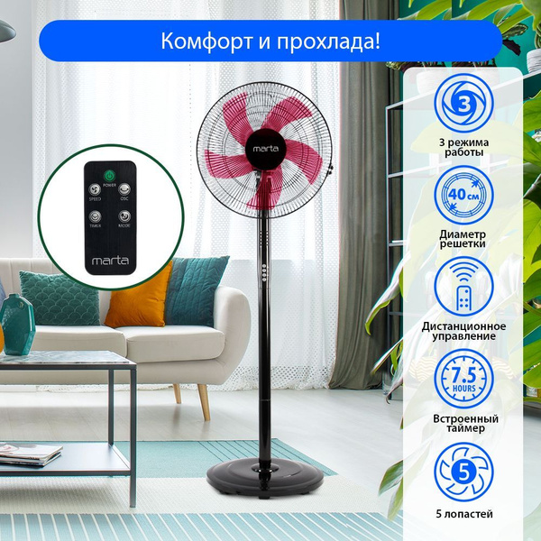 Вентилятор напольный с пультом MARTA MT-FN2542/ 5 лопастей/ устойчивое ...