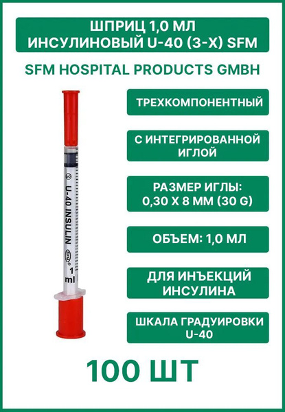 Шприц 1,0 мл. инсулиновый U - 40 (3-х компонентный) SFM, Германия ...