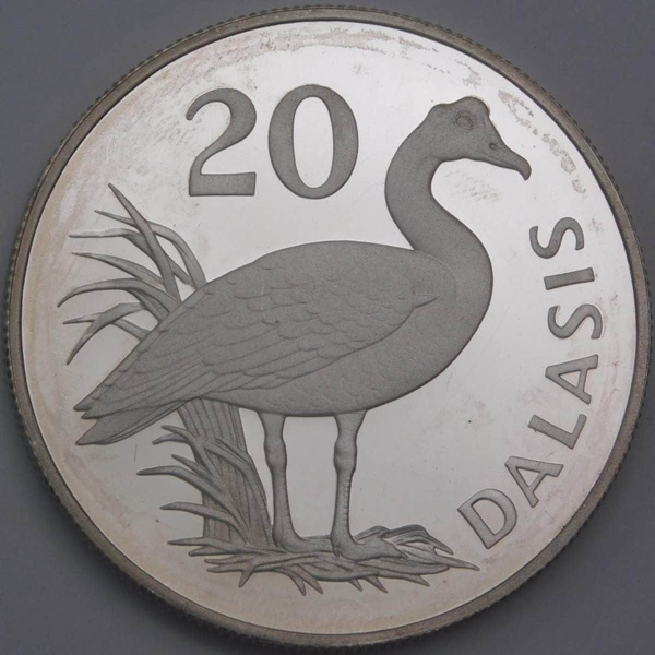 Гамбия монета 20 даласи 1977 КМ17а Proof Шпорцевый гусь арт. 43109 ...