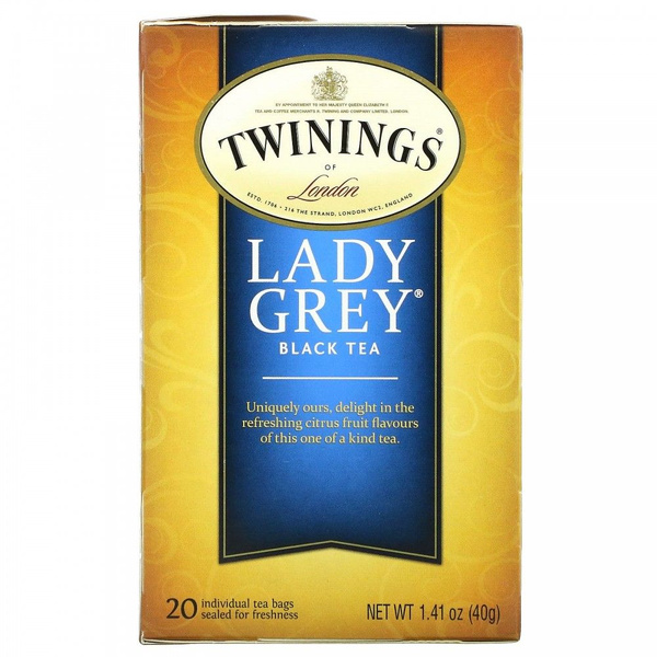 Twinings, черный чай Lady Grey, 20 чайных пакетиков, 40 г (1,41 унции ...