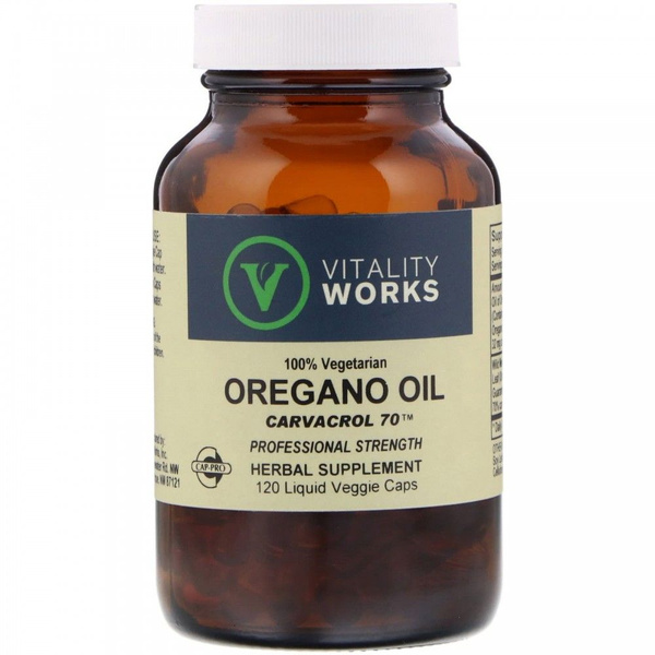 Vitality Works, масло орегано, карвакрол 70, 120 вегетарианских капсул ...