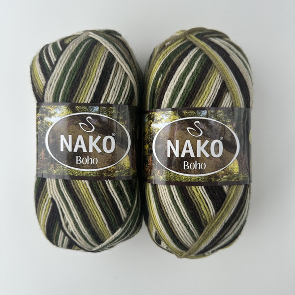 Носочная пряжа Nako Boho 2 мотка цвет 82168 коричневый-зеленый-болотный ...