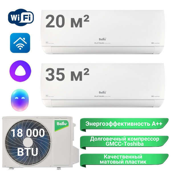 Инверторная мульти сплит-система BALLU на 2 комнаты (20 м2 + 35 м2), 18 ...
