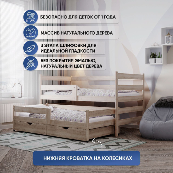 Детская кровать Софа двухъярусная выдвижная в натуральном цвете из ...