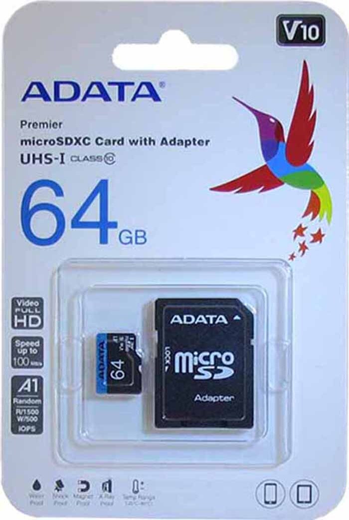 фото Карта памяти ADATA microSDXC Class 10 UHS-I U1, V10, A1 AUSDX64GUICL10A1-RA1 64GB , адаптер SD, цвет: черно-синий