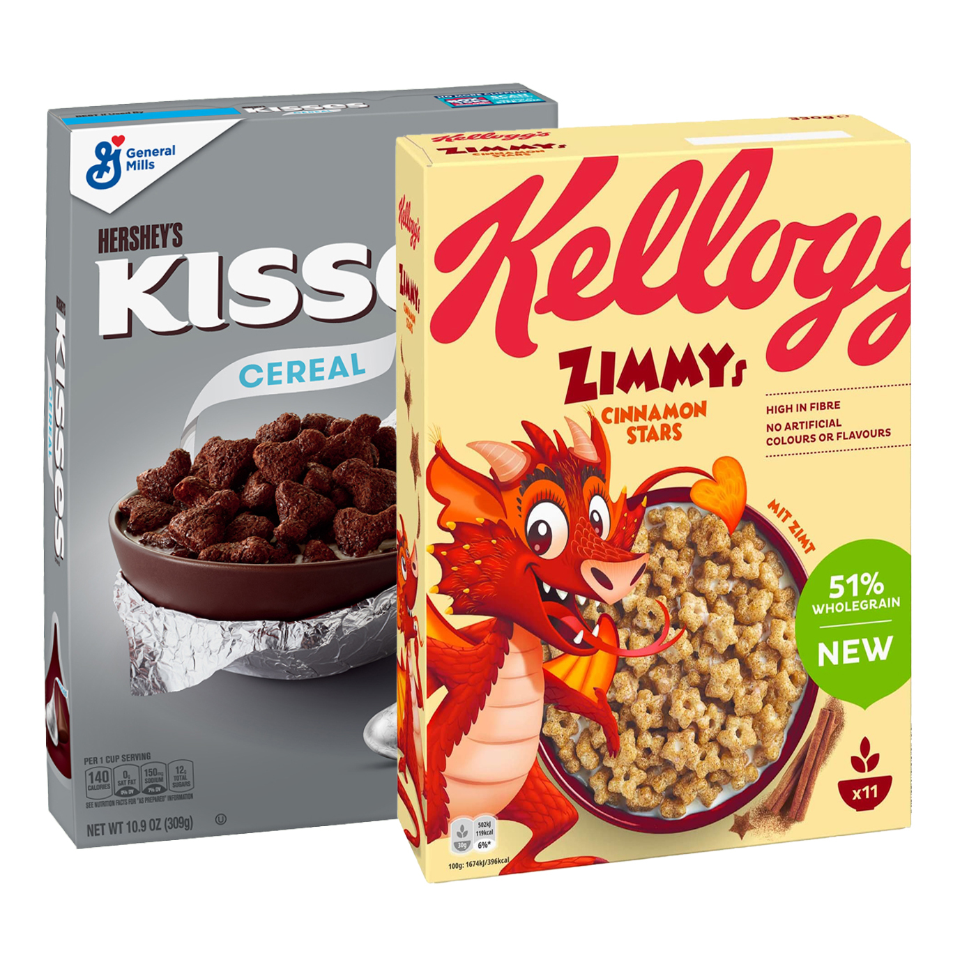 Набор готовых завтраков Hershey's Kisses Cereal + Kellogg's Zimmy's Cinnamon Stars Cereal (2 шт