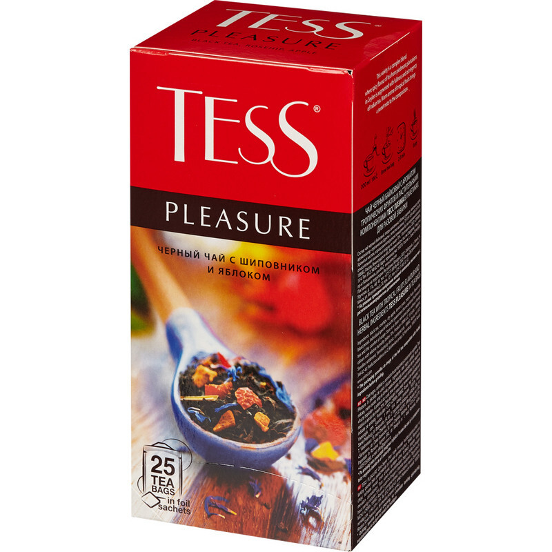 Tess pleasure 25 пакетиков. Чай Тесс черный с шиповником и яблоком. Чай Тесс Плэжа, черный 100пак.. Чай черный Tess pleasure 100г.