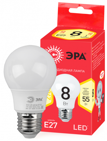 ЭРА ECO LED A55-8W-827-E27 (диод, груша, 8Вт, тепл, E27) (8шт.)