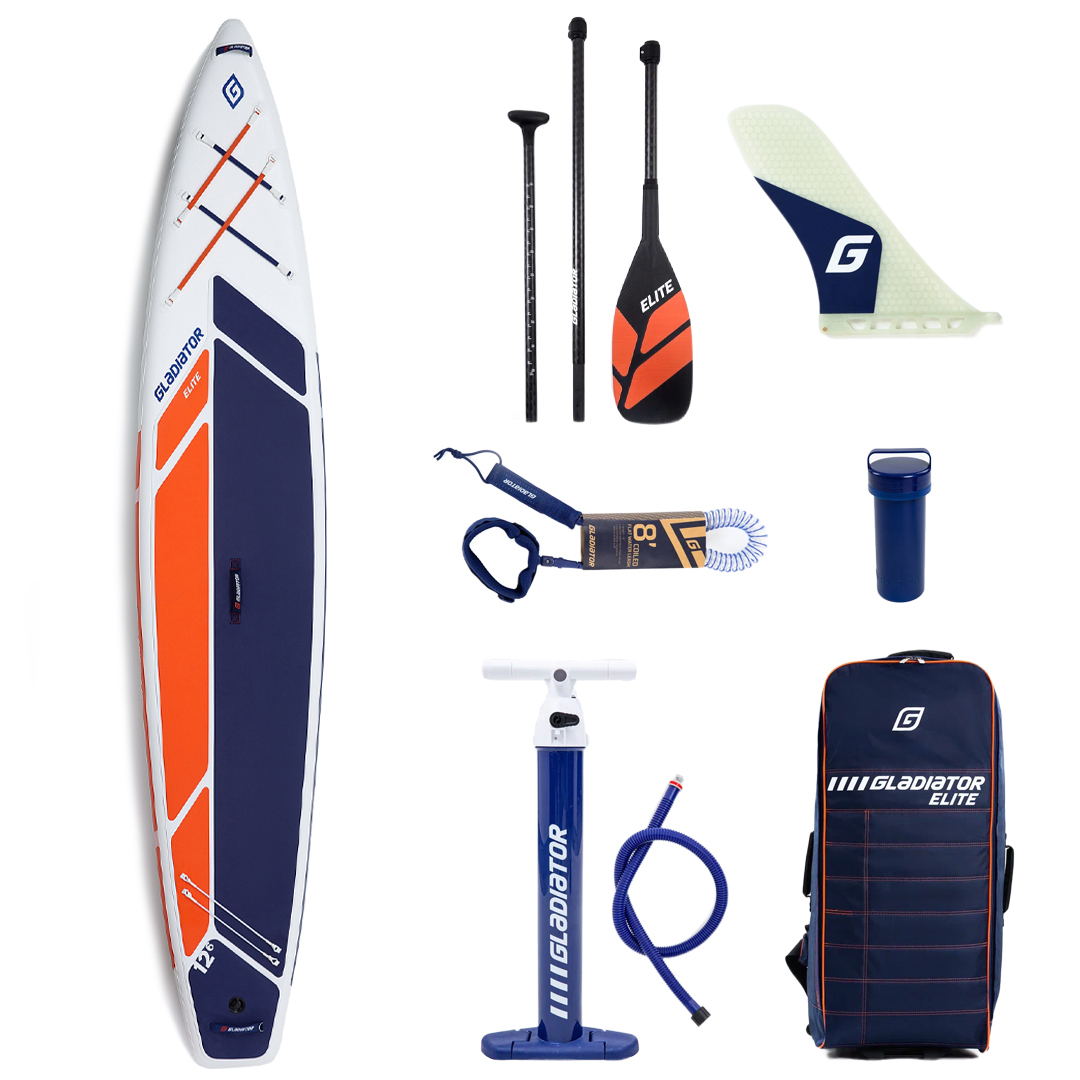 Sup доска Gladiator ELITE 12.6S 384x76x15 см, макс. нагрузка 200 кг, белый/оранжевый/синий сапборд надувной для серфинга и плавания для взрослых, весло, лиш, насос, ремкомплект и сумка