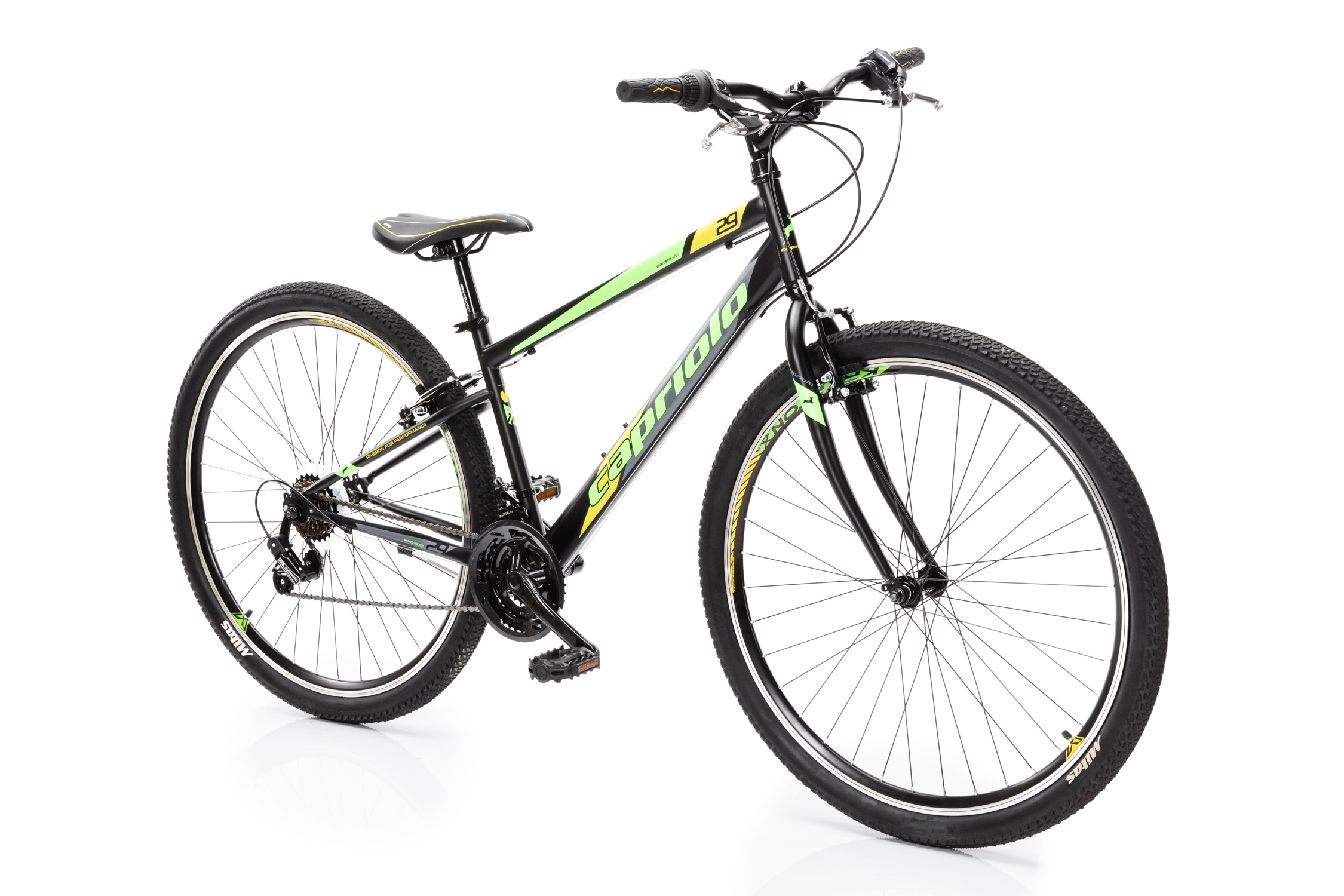 Велосипед CAPRIOLO MTB PASSION MAN (3 X 6), рама сталь 16'', колёса 29'' (чёрный - жёлтый - зелёный), нагрузка до 130кг