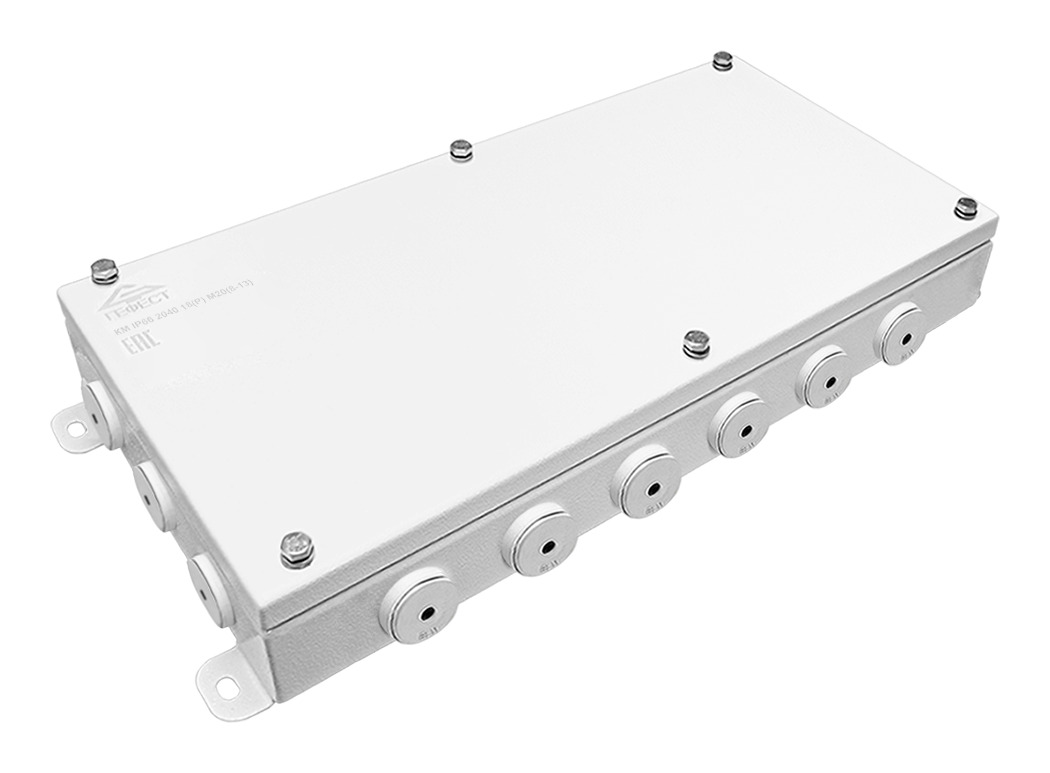 КоробкамонтажнаяраспределительнаяГефестКМ(Р)-2040,200х400х66,18вводов,IP66,сDINрейкой,металлическая