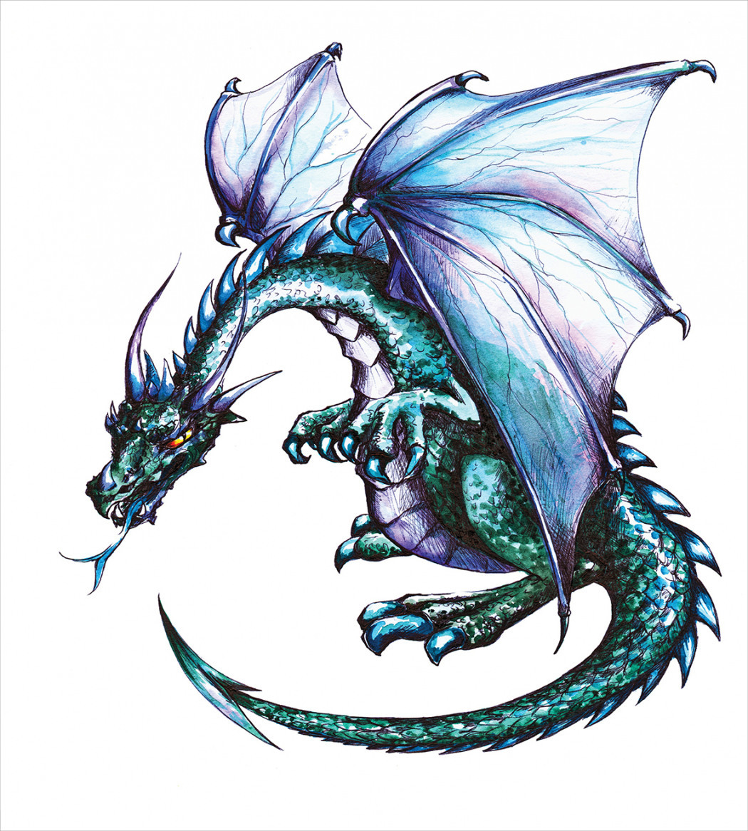 Цветное тату дракон с крыльями
