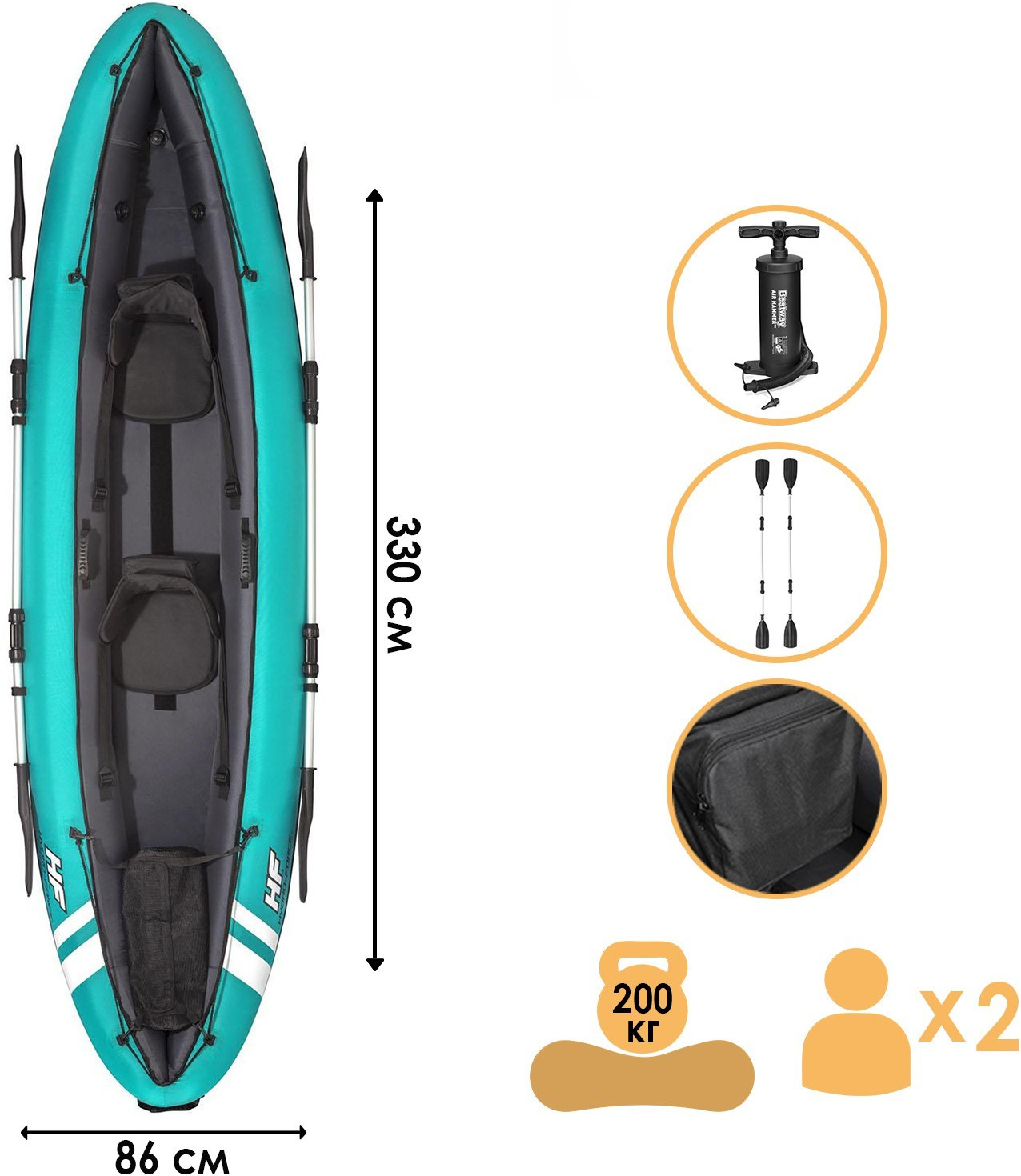 Надувнаябайдаркадвухместная,каякдлягреблиисплавовс2весламии2съемнымиребрами,вкомплектесумка,ремкомплект,ручнойнасос,330х86см,Bestway