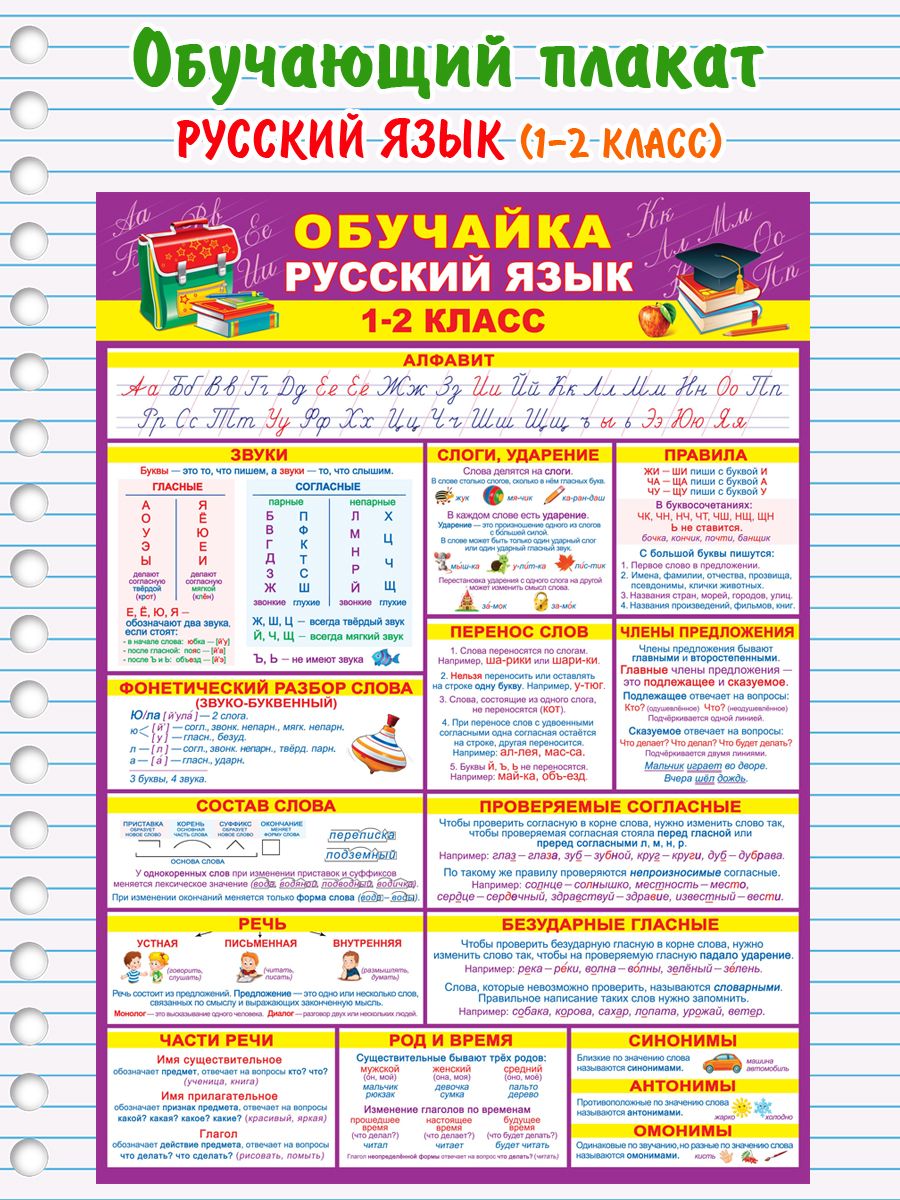 Обучающий плакат на стену по русскому языку для 1-2 класса Алфавит, слоги, фонетический  разбор, состав слова - купить с доставкой по выгодным ценам в  интернет-магазине OZON (873218152)