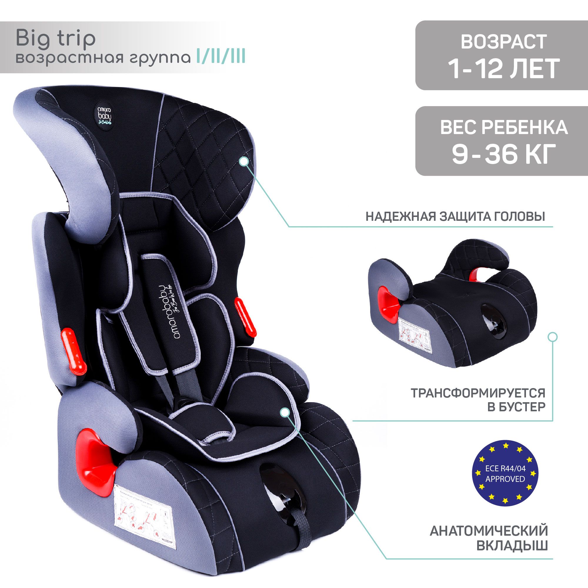 Автокресло детское AMAROBABY Big trip, группа I/II/III, 9-36 кг,(1-12 лет),чёрный/серый