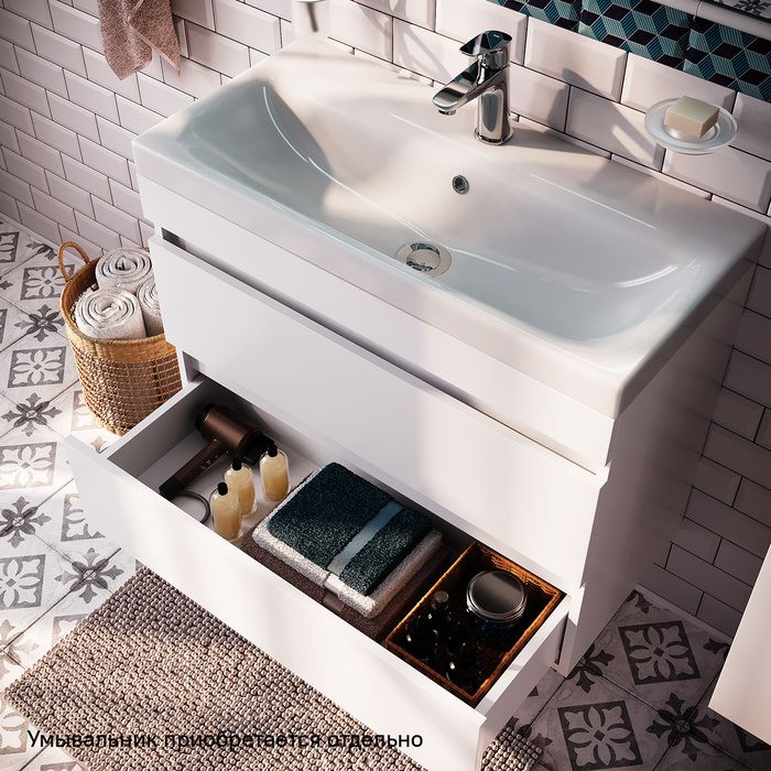 Фото товара на маркетплейсе ozon Тумба для ванной, подвесная, с ящиками, белая, 80 см, IDDIS, Zodiac, ZOD8CB0i95 (подходит раковина 3508000i28)