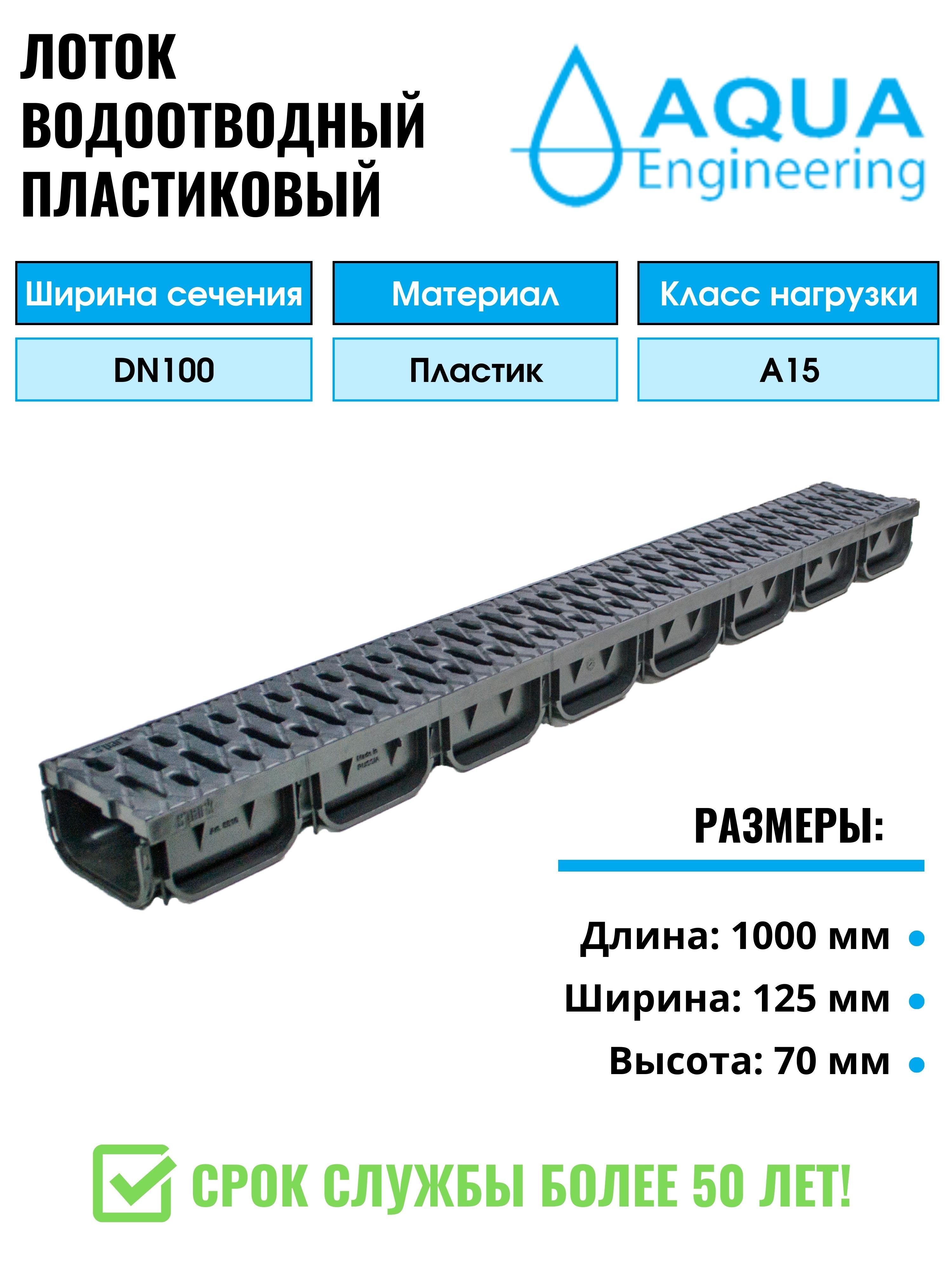 Лоток водоотводный пластиковый, дренажный, с пластиковой решёткой, 1000x125x70 мм.