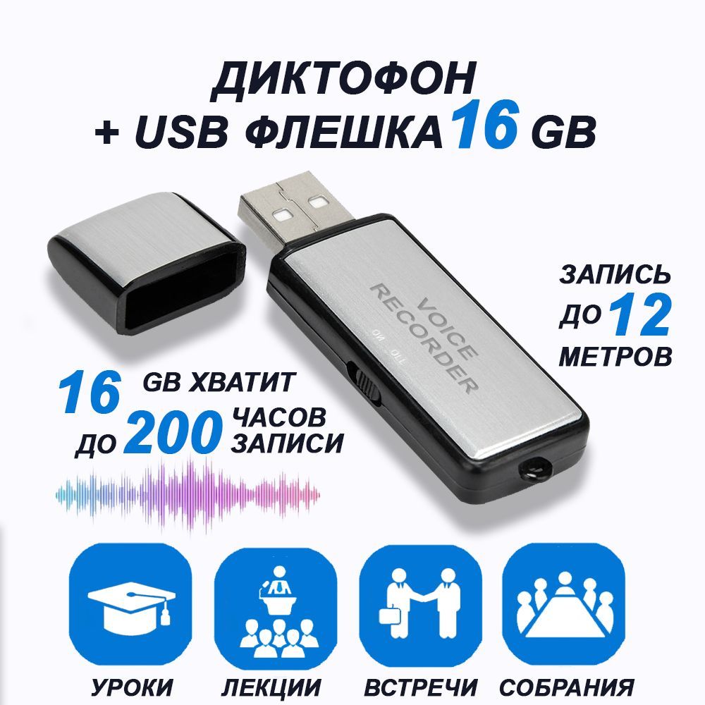 Цифровойаудиоминидиктофондлязаписиголосаиразговоров+USBфлешка16ГБ