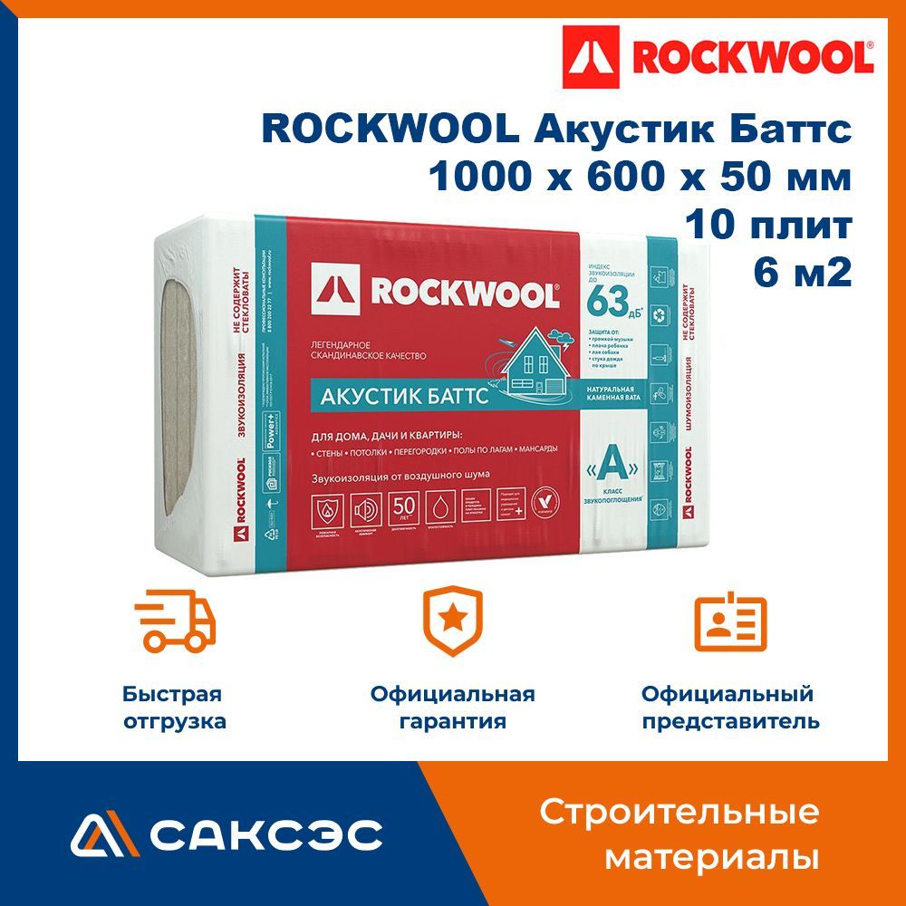 ЗвукоизоляциядлястенизкаменнойватыROCKWOOLАкустикБаттс,1000х600х50мм,30плит,18м2