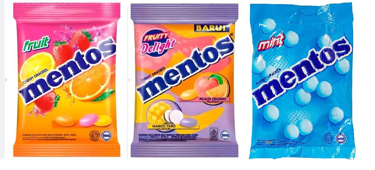 Набор из 3 пачек Mentos (Манго-Персик, Мята, Фруктовый) по 135г