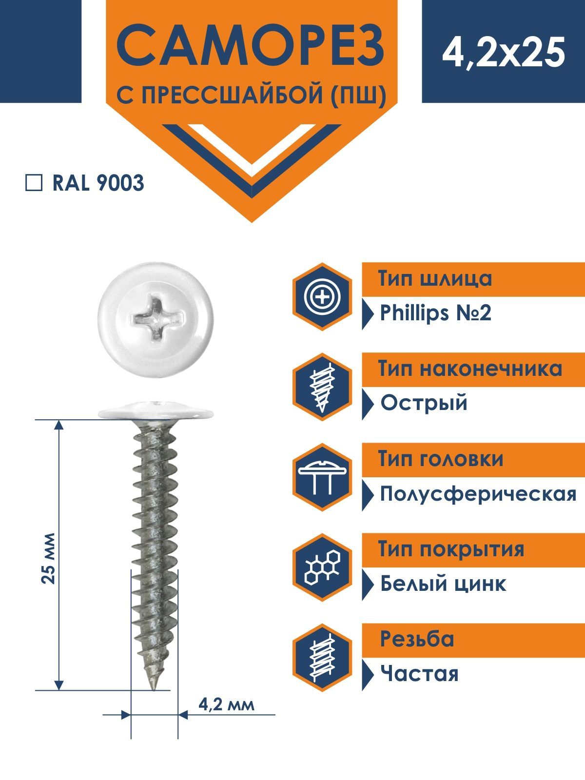 Саморез Rizzel ПШ 4,2х25 с прессшайбой острый RAL 9003 (500 шт)