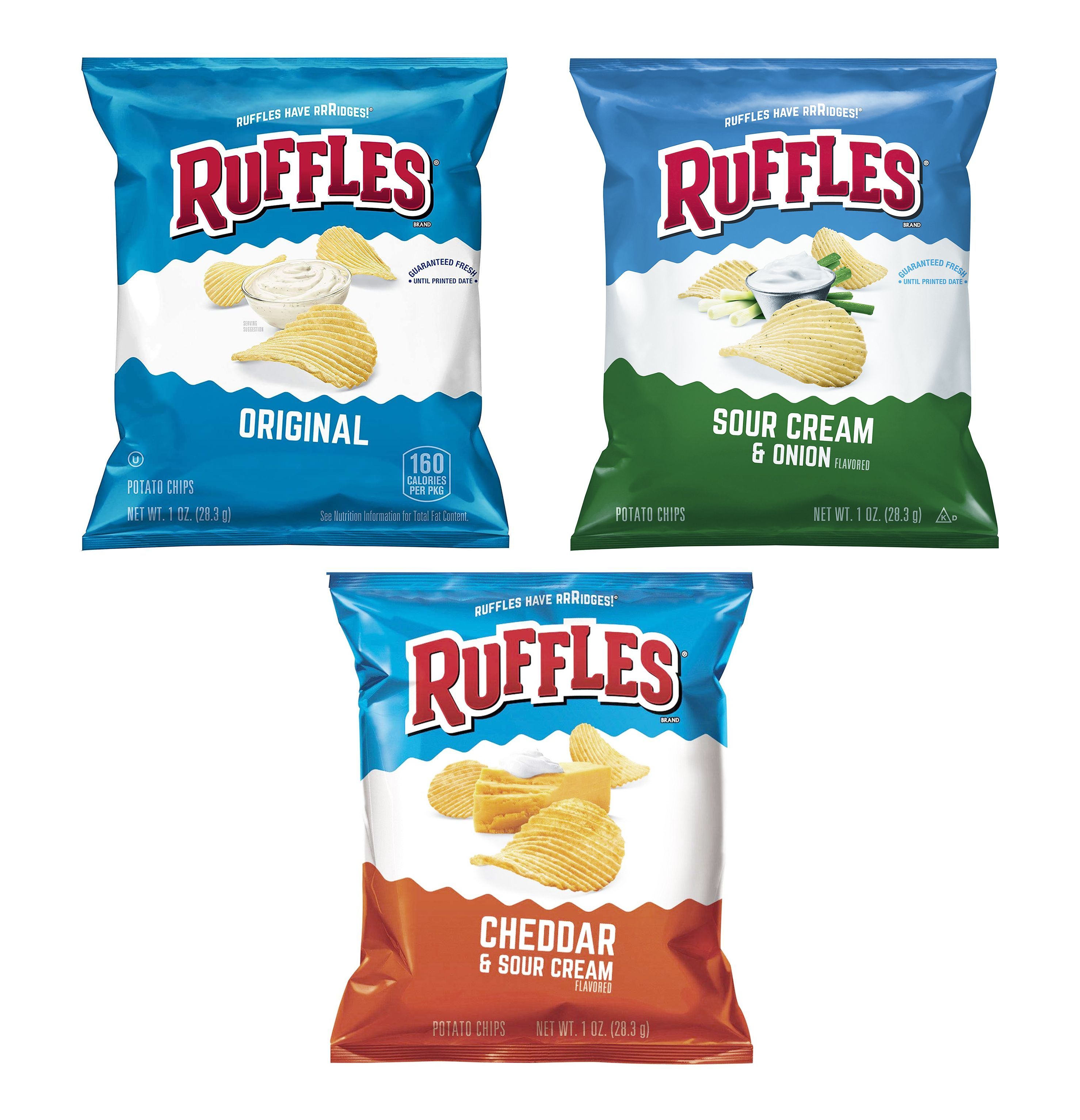 Картофельные чипсы Ruffles Original, Sour Cream & Onion, Cheddar & Sour  Cream 3 шт. по 28.3 г США - купить с доставкой по выгодным ценам в  интернет-магазине OZON (1069981047)