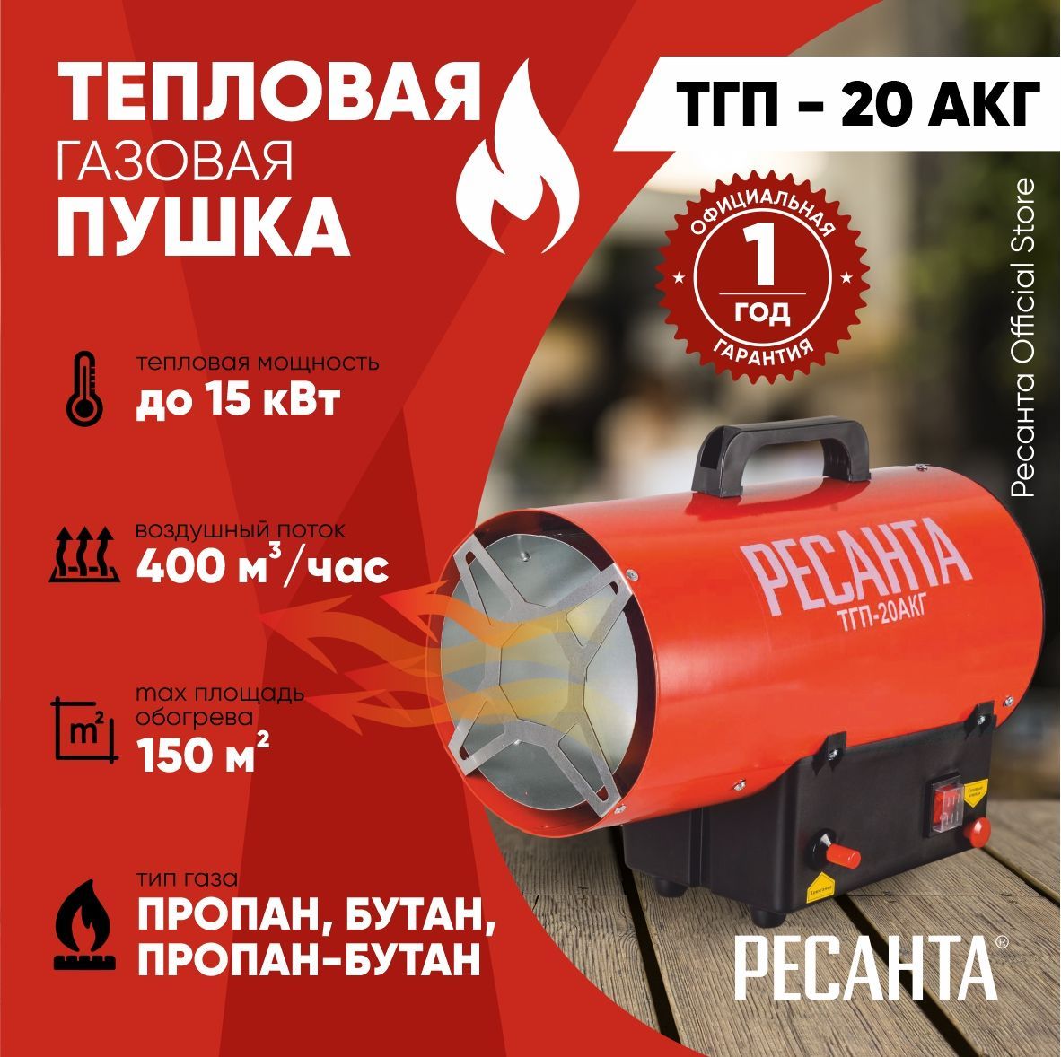 Тепловая газовая пушка ТГП-20АКГ Ресанта / 400 м3/ч, мощность 15 кВт /  тепловентилятор / обогреватель для отопления дома - купить по выгодной цене  в интернет-магазине OZON.ru (1077805146)