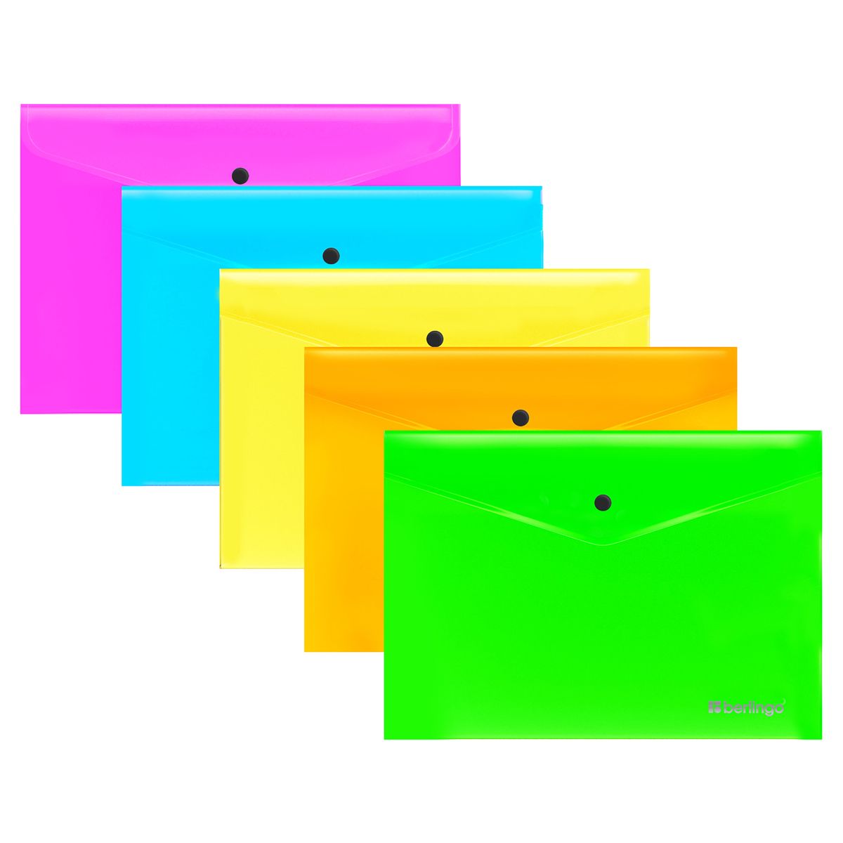 Папка-конвертнакнопкеBerlingo"Neon"А4,200мкм,ассортинеоновыхцветов,5шт.