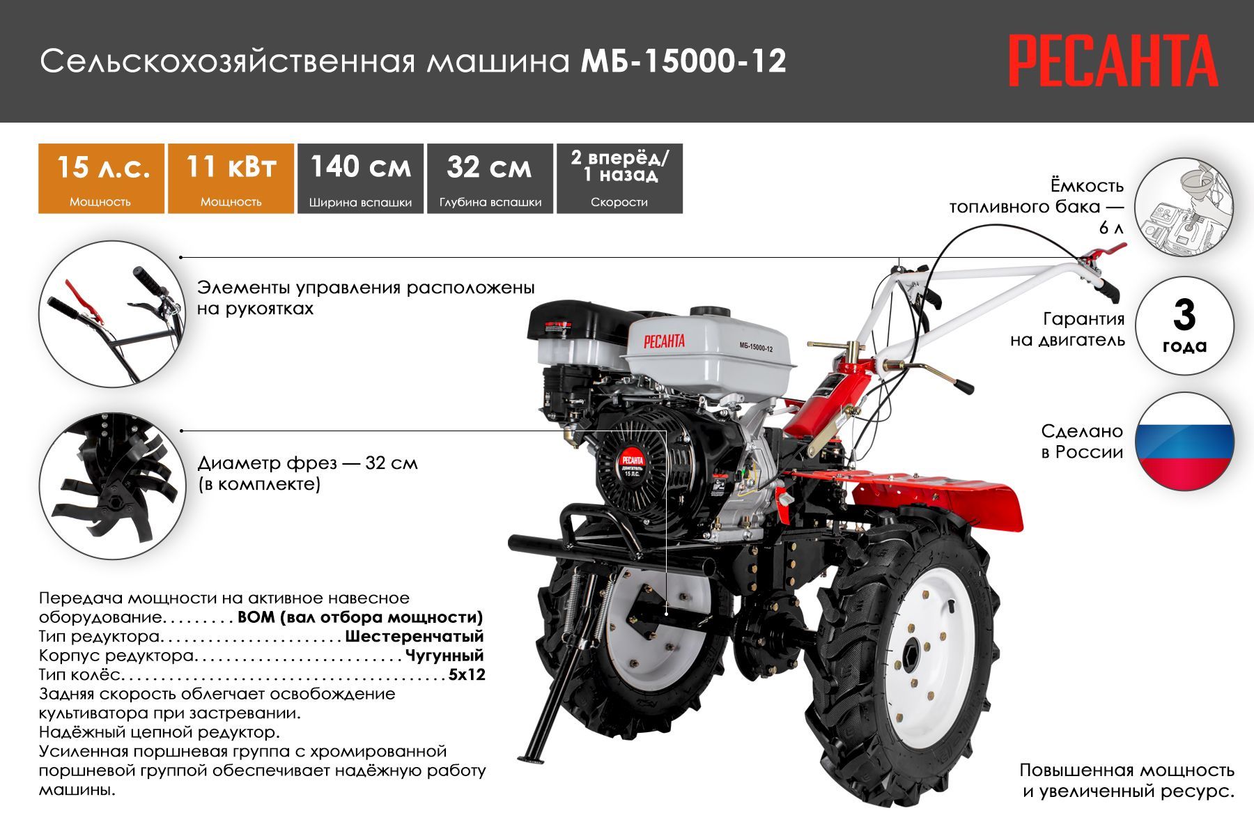 Мотоблок бензиновый Ресанта МБ-15000-12 с колёсами 5х12 ВОМ 18мм