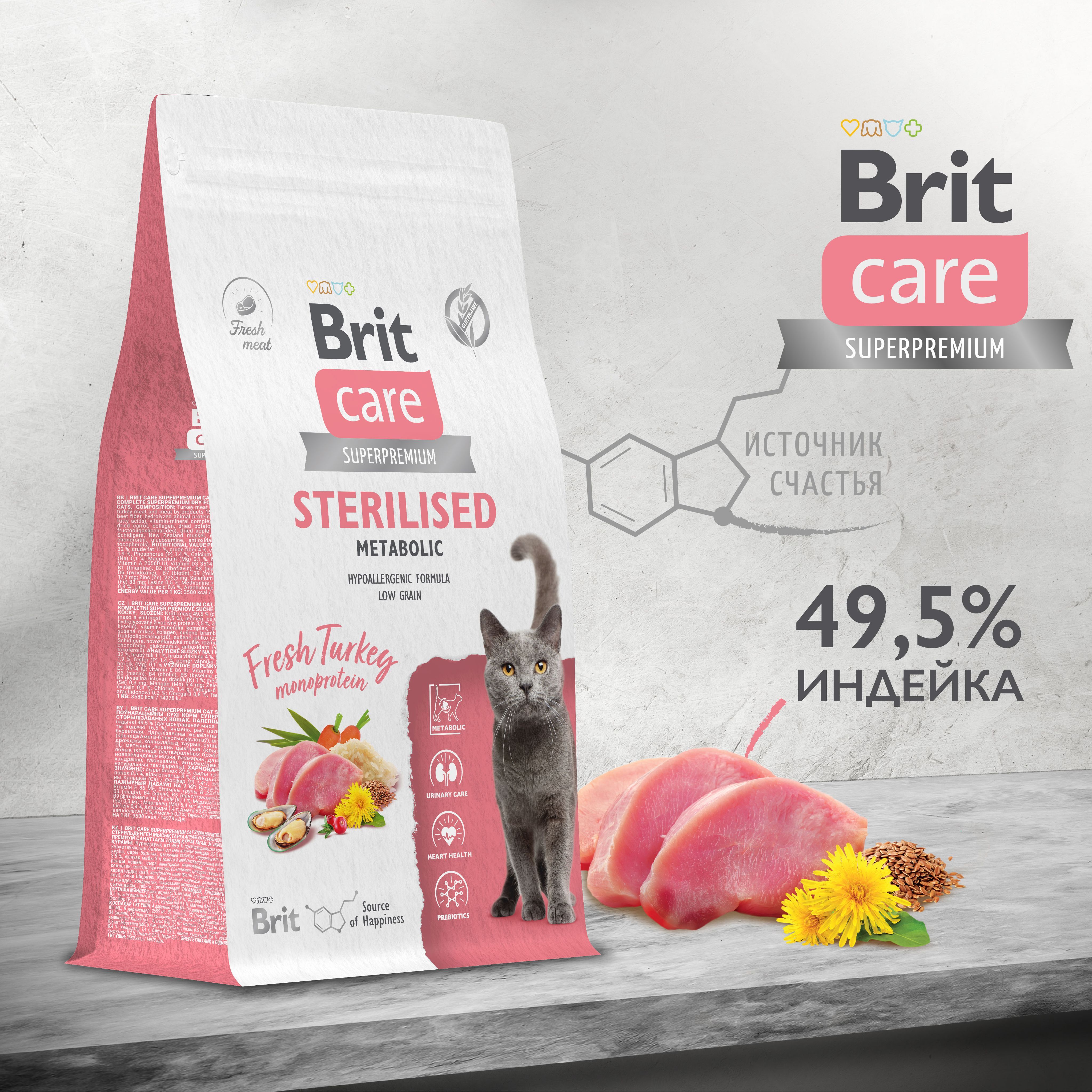 Корм сухой монопротеиновый для стерилизованных кошек BRIT CARE "Cat Sterilised Metabolic" улучшенный обмен веществ с индейкой, 1.5 кг