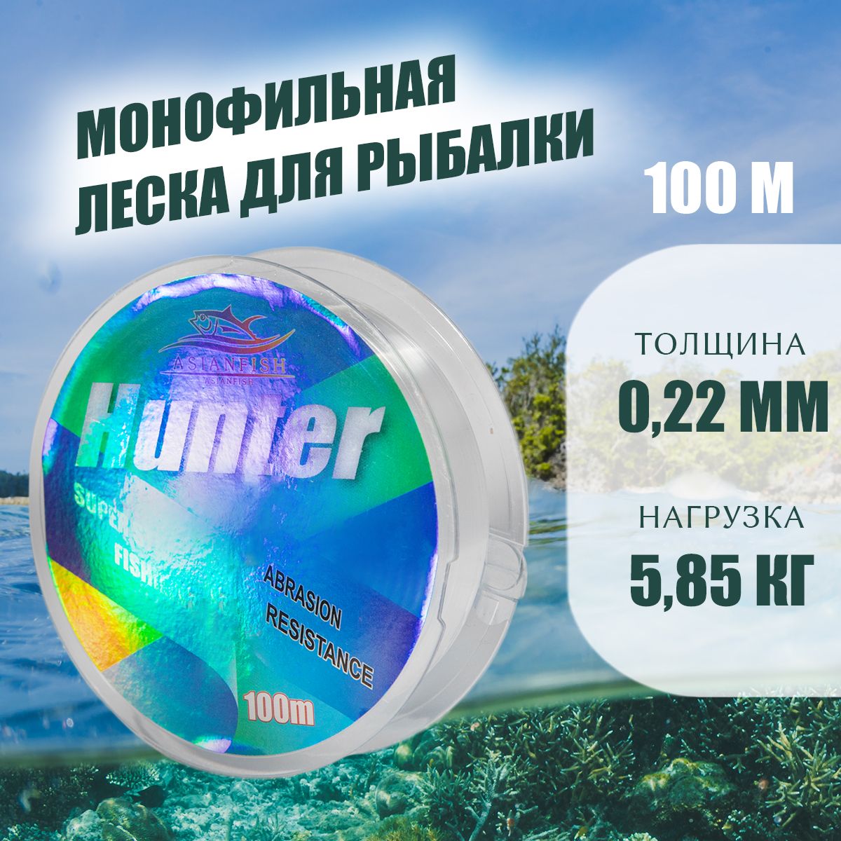 ASIANFISH Монофильная леска для рыбалки, размотка: 100 м, толщина: 0.22 мм