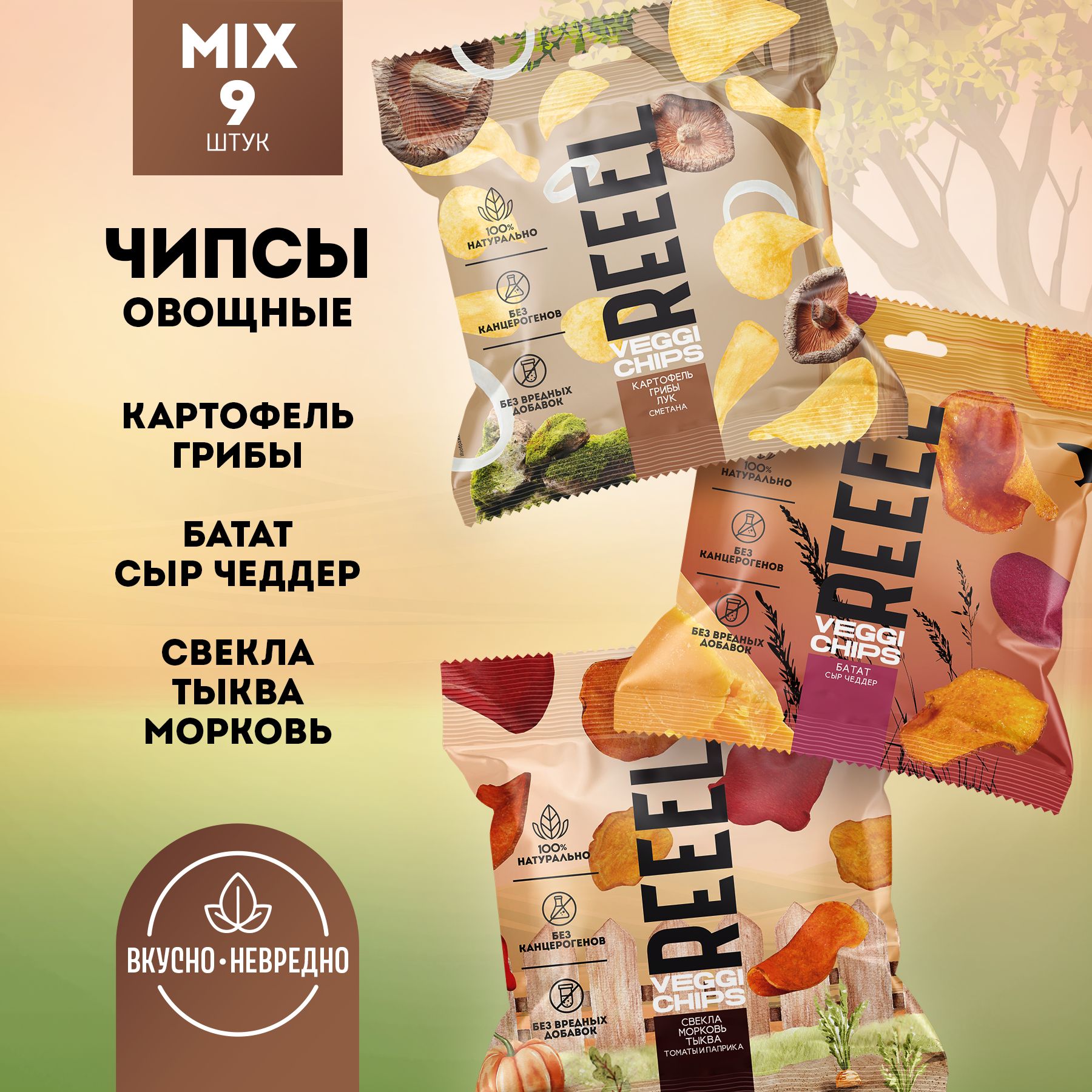 МиксчипсынатуральныеовощныеREEEL3вкуса9штукбезвредныхдобавокполезныеППбольшойнабор