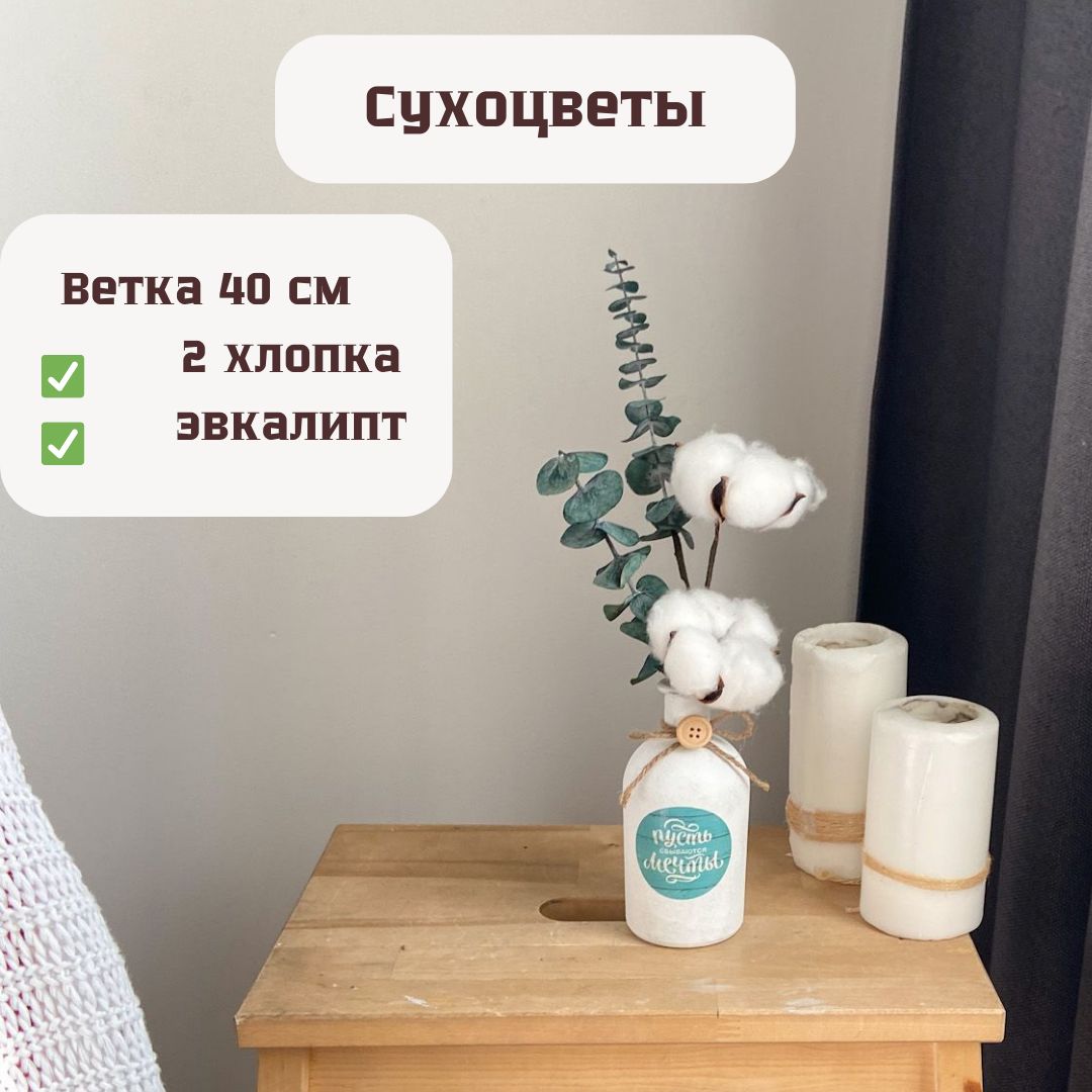 Сухоцветы Хлопок, Эвкалипт, 45 см, 20 гр, 1 шт