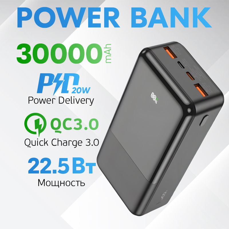 Внешнийаккумулятор30000mAhсбыстройзарядкойHocoJ108BUniverse22.5WPowerBank(PD/QC3.0)Черный