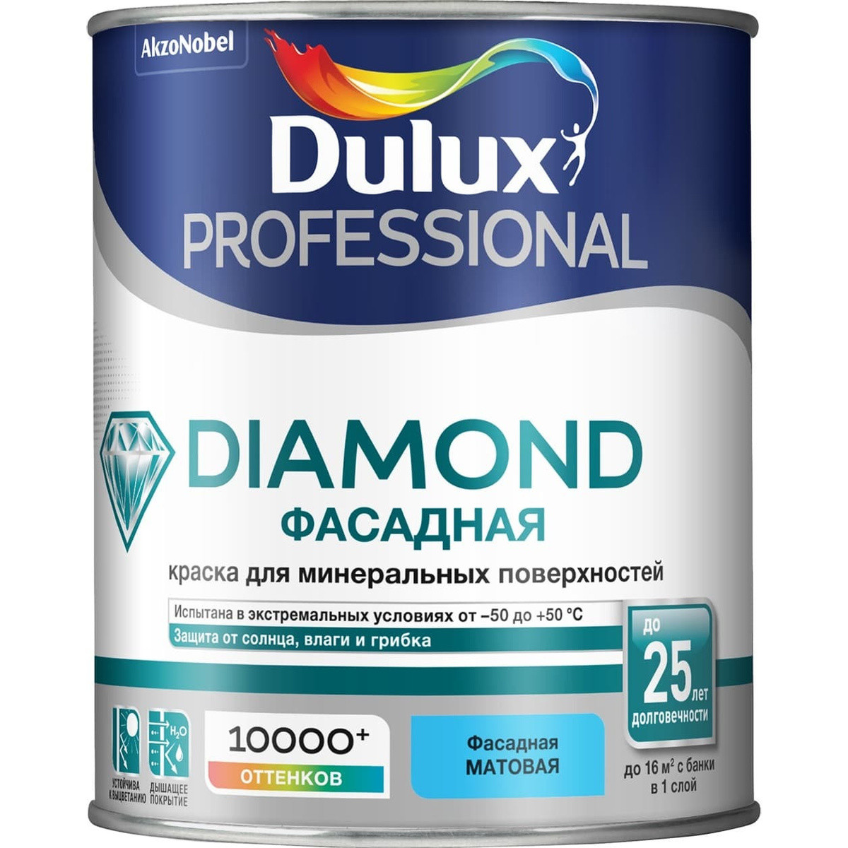 Краска DULUX DIAMOND ФАСАДНАЯ Гладкая, Акриловая, Матовое покрытие, 1 л ...