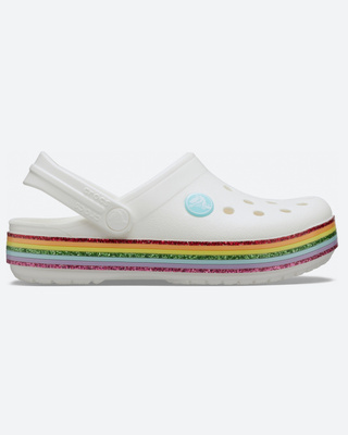 white crocs with rainbow bottom