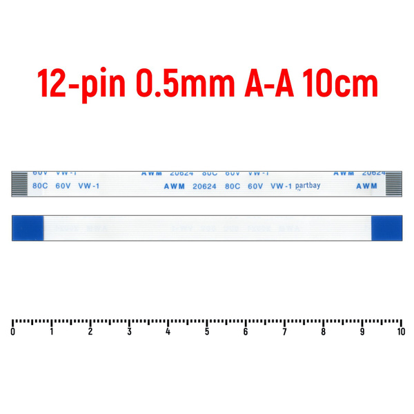 Шлейф FFC 12-pin Шаг 0.5mm Длина 10cm Прямой A-A AWM 20624 80C 60V VW-1 ...