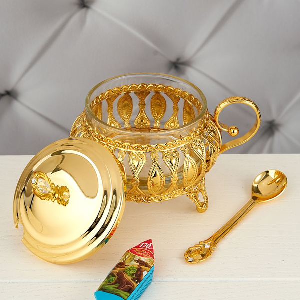 Сахарница с ложкой и крышкой 13,5*10,5*13 см стеклянная колба Объем 250 ...