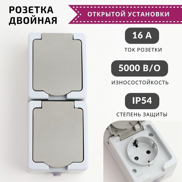 Розетка накладная, двойная с крышкой и заземлением - купить по низкой ...