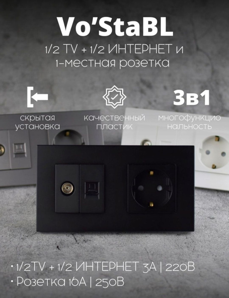 Розетка черная с заземлением двойная для тв и интернета - купить по ...