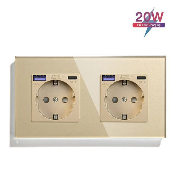 Розетка электрическая 2 поста с Usb/Type-C АC, быстрая зарядка 20W ...