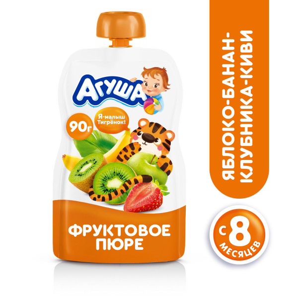 Пюре фруктовое Агуша Яблоко-Банан-Клубника-Киви 90г с 8 месяцев ...