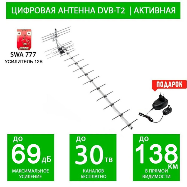 Уличная антенна МИР 19 А3 12В + Блок питания - активная / Прием до 138 ...
