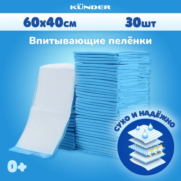 Пеленки одноразовые KUNDER для новорожденных гелевые детские 60 х 40 30 ...