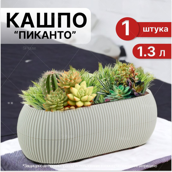Кашпо для цветов ПИКАНТО овальное 1,3л белый ротанг / Для кактусов и ...