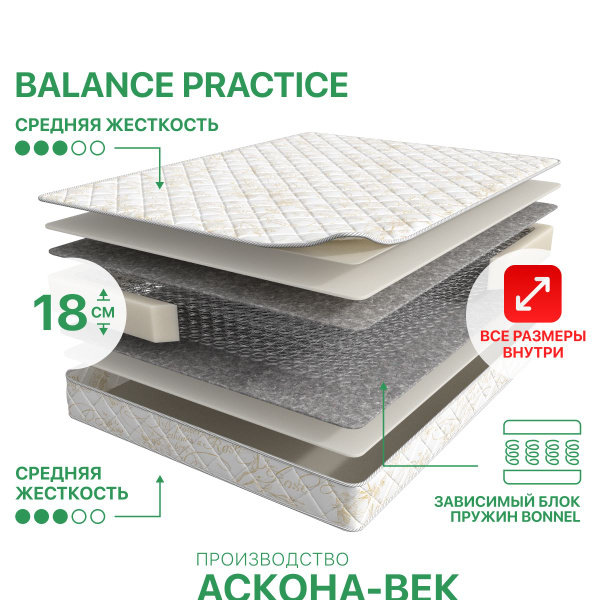 Матрас ASKONA Balance Practice / Баланс Практис, Зависимые пружины, 80 ...
