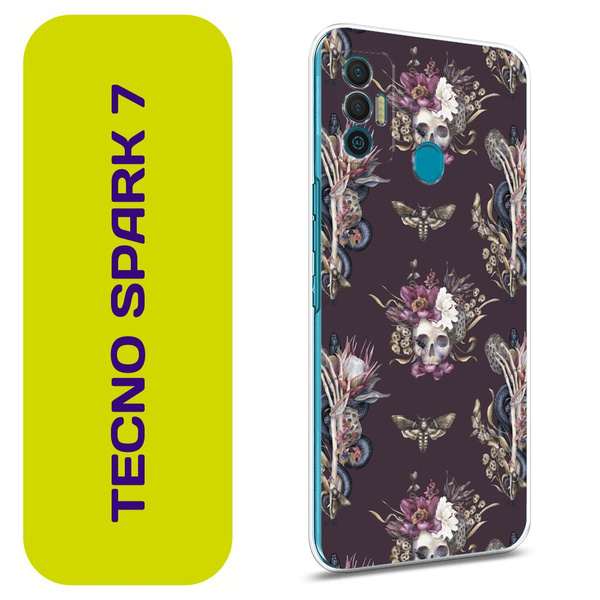 Чехол на Текно Спарк 7 / Tecno Spark 7 с принтом "Цветочный череп на ...