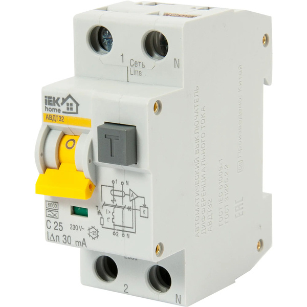 Дифференциальный автомат IEK Home 1P N C25 А 30 мА 6 кА АС MAD22-5-025 ...