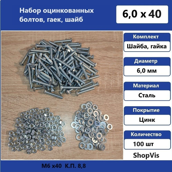 Крепежный комплект М6х40 (Болт М6х40, шайба М6, гайка М6 шестигранная ...