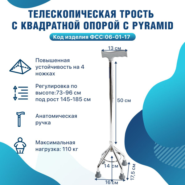 Трость четырехопорная телескопическая под рост 145-185 см, раздвижная ...